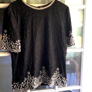 Vintage 80s Laurence Kazar Silk beaded sequin, short sleeve blouse